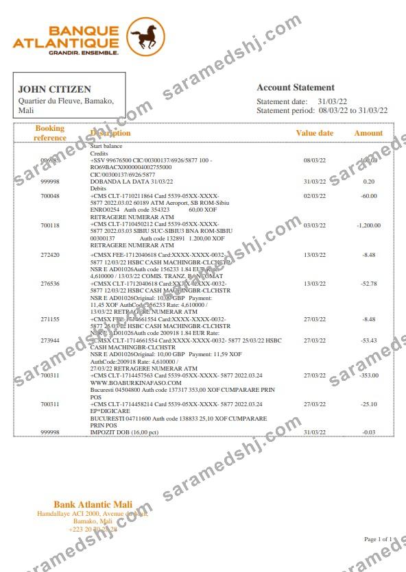 Mali Banque Atlantiaque bank statement template in Word and PDF format, .doc and .pdf format